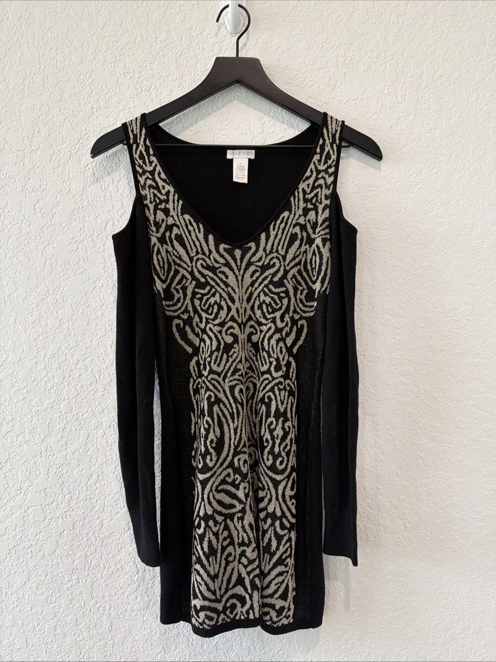 Cache Cold Shoulder Metallic Black Silver Gold Design Fitted Mini Dress Holiday